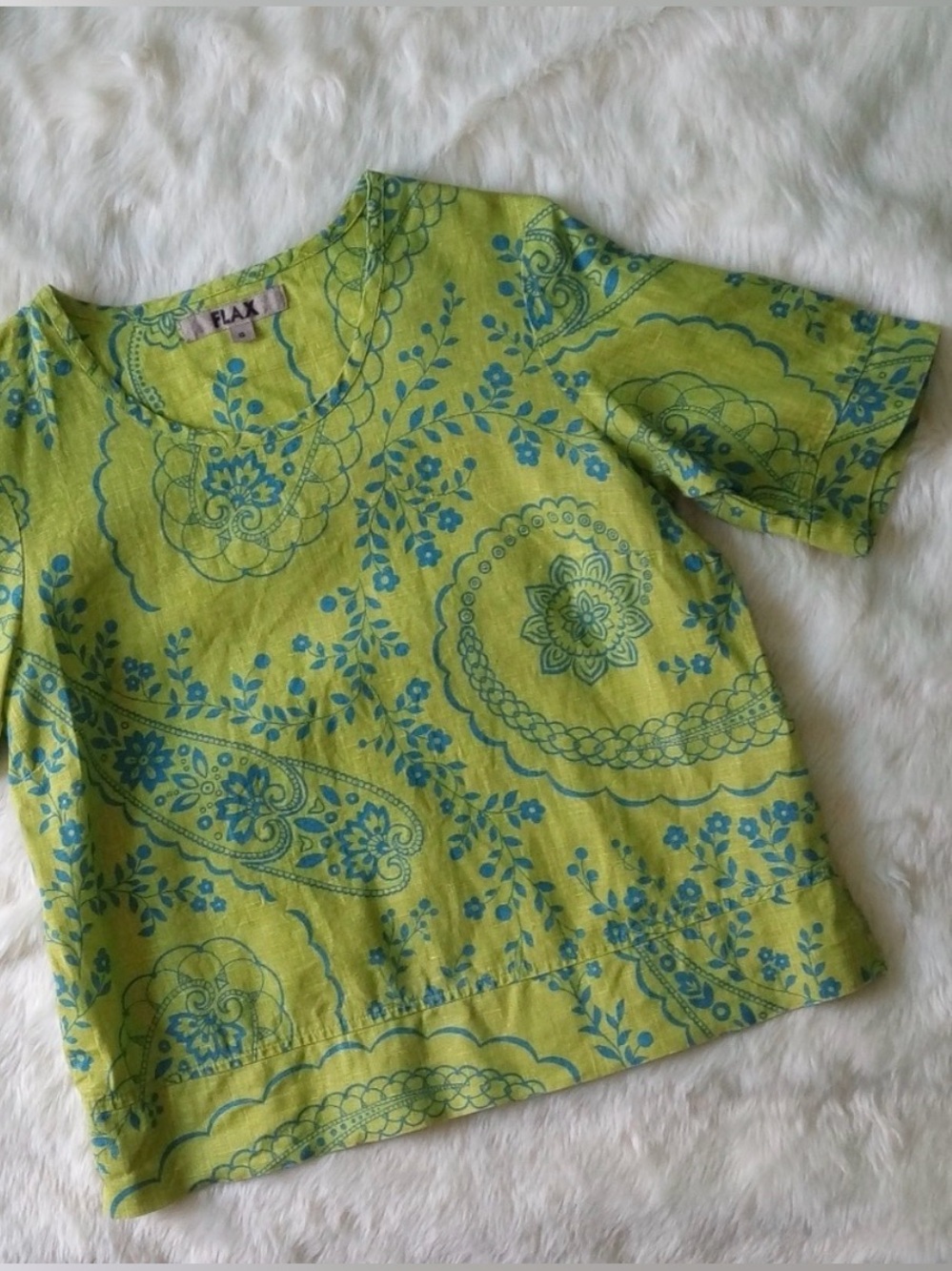 FLAX Top Linen Paisley Floral Lime Green Blue Size Small